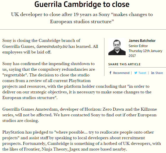 索尼宣布关闭GuerrillaGames剑桥工作室