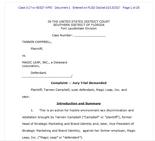 女性歧视文化严重 Magic Leap再缠官司